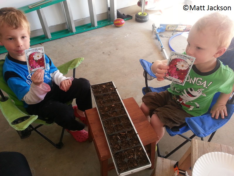 Kids planting seeds with dad Matt Jackson