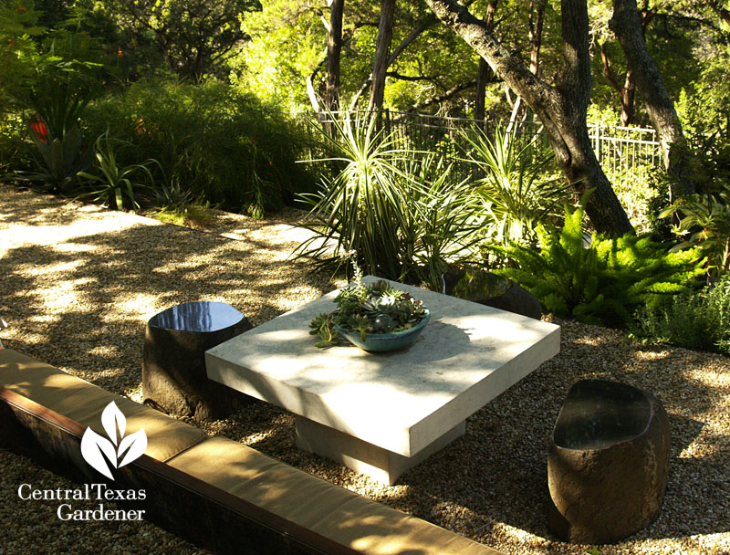 shade garden outdoor living room Lynne Dobson Central Texas Gardener