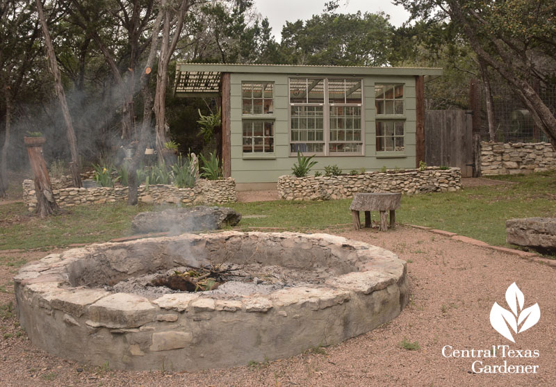 fire pit and handmade greenhouse Liberty Hill Central Texas Gardener