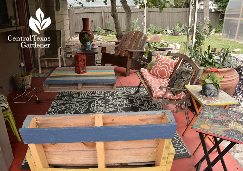 stained concrete pallet furniture outdoor patio Central Texas Gardener