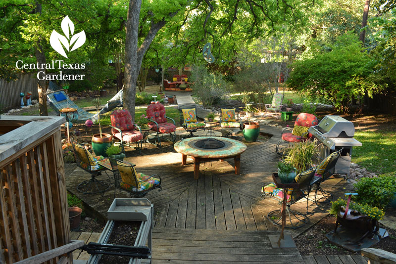 patio deck with recycles and firepit Central Texas Gardener