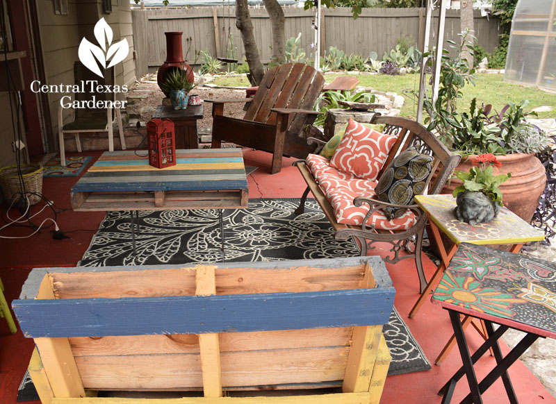pallet furniture stained concrete chic patio Central Texas Gardener