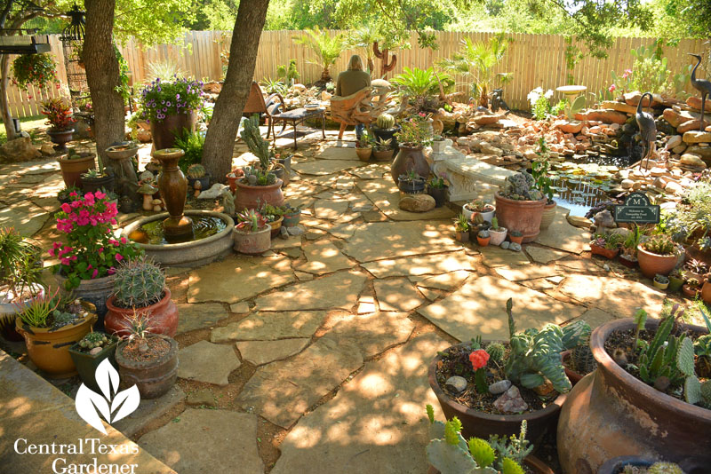 flagstone patio in shade with pond Central Texas Gardener 