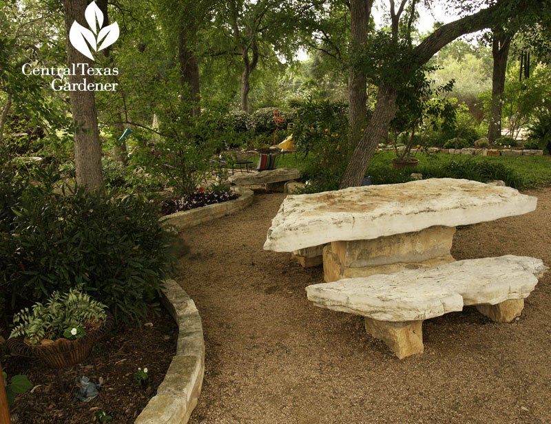 stone bench and table backyard living room Central Texas Gardener