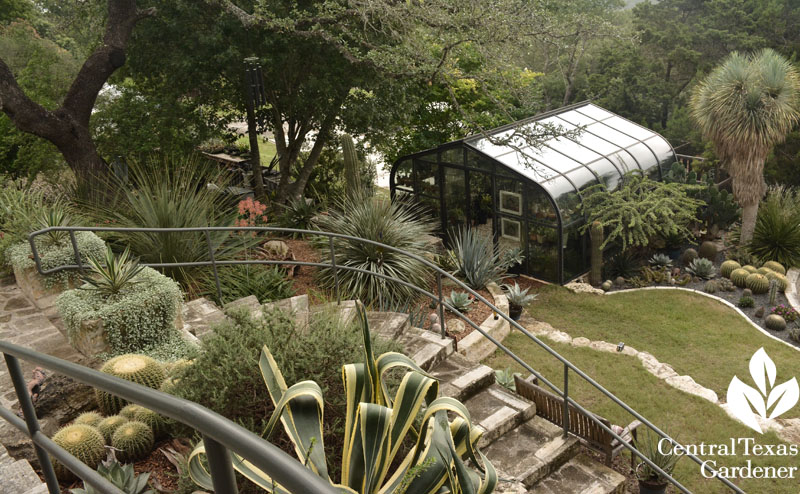 upper deck limestone patio view to greenhouse Pavlat Central Texas Gardener