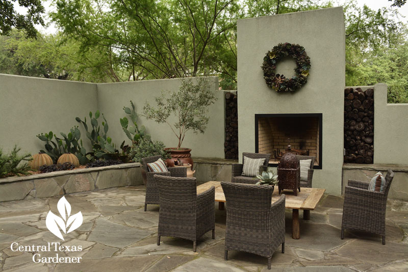 courtyard and outdoor fireplace dining room Central Texas Gardener