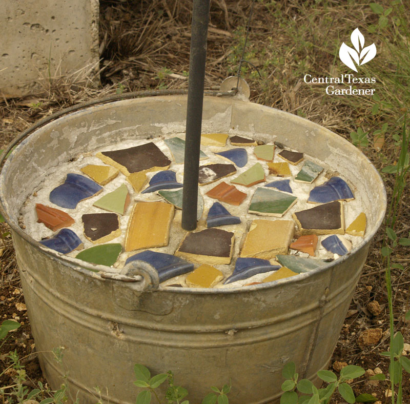 mosaic and cement container support for rebar post Central Texas Gardener