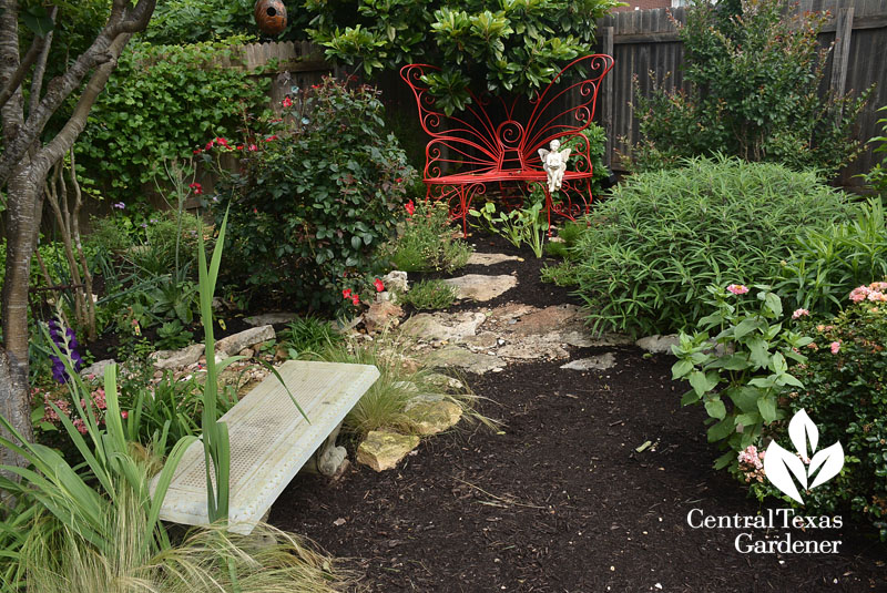 bench nook in small space garden Central Texas Gardener