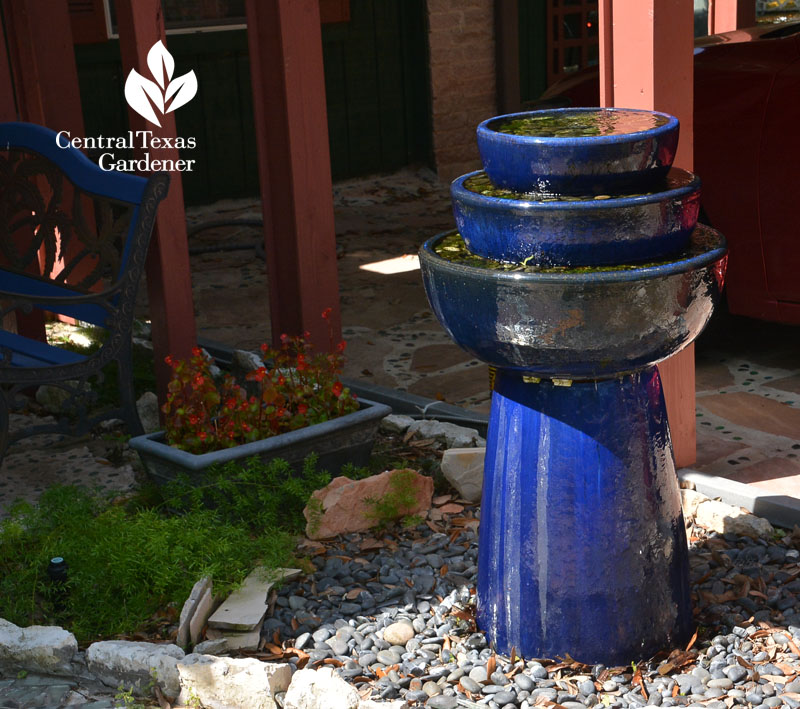 fountain from blue ceramic containers Central Texas Gardener