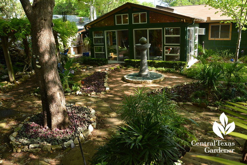 no lawn patio and sculptural fountain Central Texas Gardener
