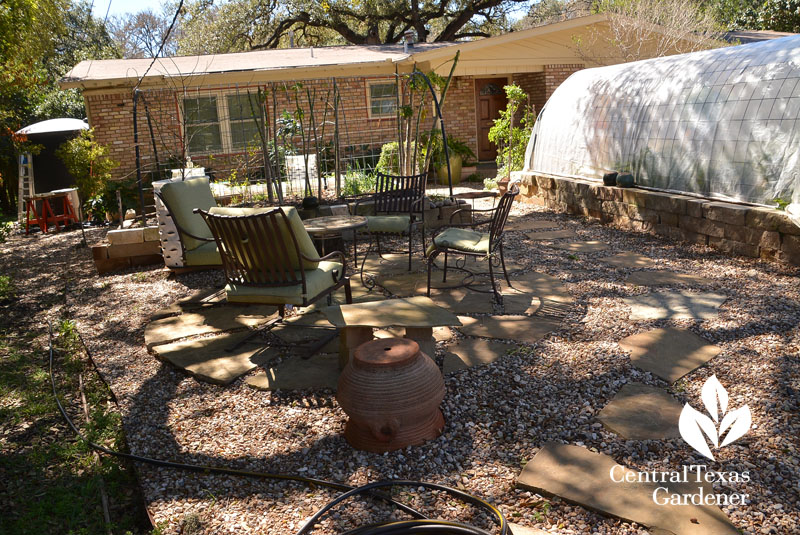 front yard gravel patio raised limestone beds wicking gardens Central Texas Gardener