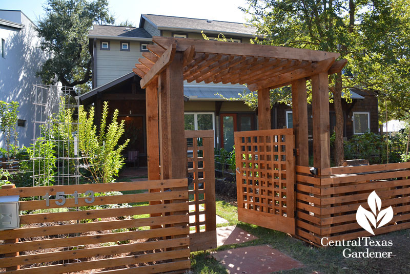 homemade fence entrance arbor front yard food garden Central Texas Gardener