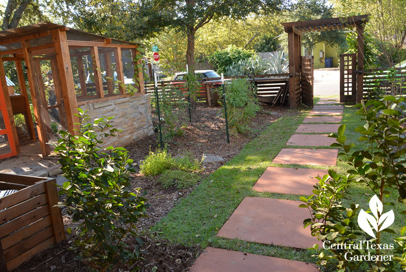 stained concrete path front yard food garden Central Texas Gardener