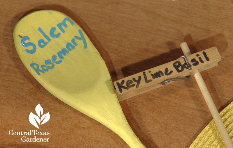 old wooden spoon and clothespin plant tags Central Texas Gardener