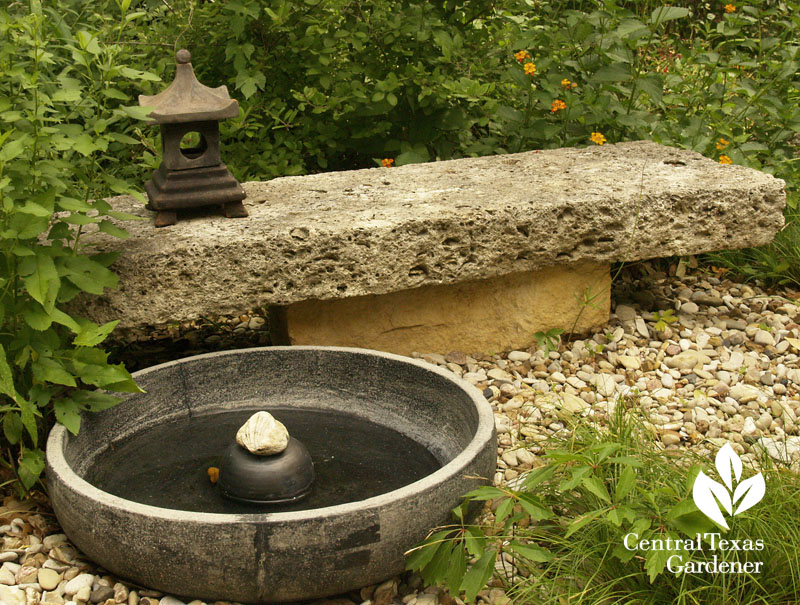 Zen small water feature and bench Central Texas Gardener