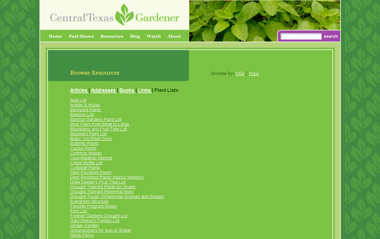 Central Texas Gardener website plant list 