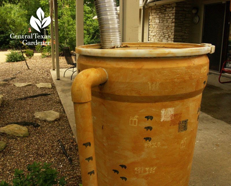 Hatch chile pepper barrel adapted as rain barrel 