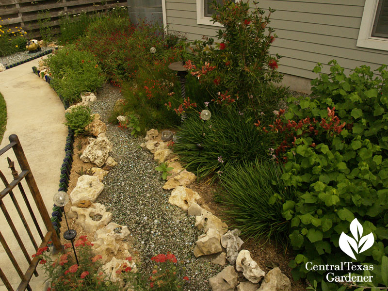 tumbled glass dry stream bed drought flowers Hutto Central Texas Gardener tumbled glass dry stream bed drought flowers Hutto Central Texas Gardener