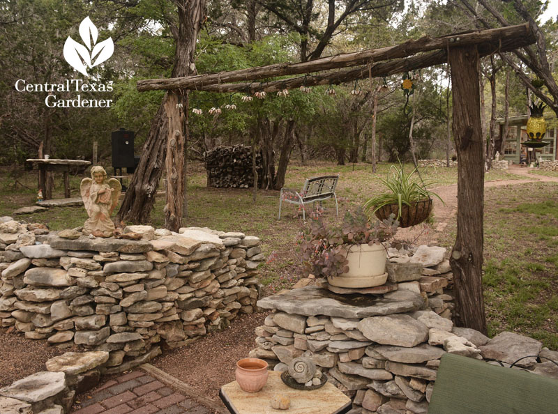 homemade cedar arbor Liberty Hill pond and patio Central Texas Gardener 