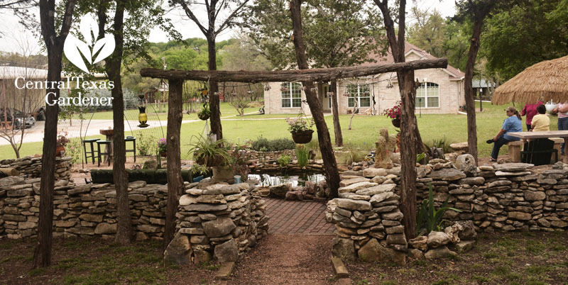 homemade cedar arbor Liberty Hill pond and patio Central Texas Gardener 
