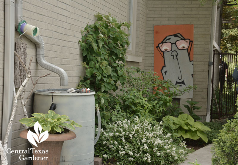 art work sets off rain barrel Central Texas Gardener