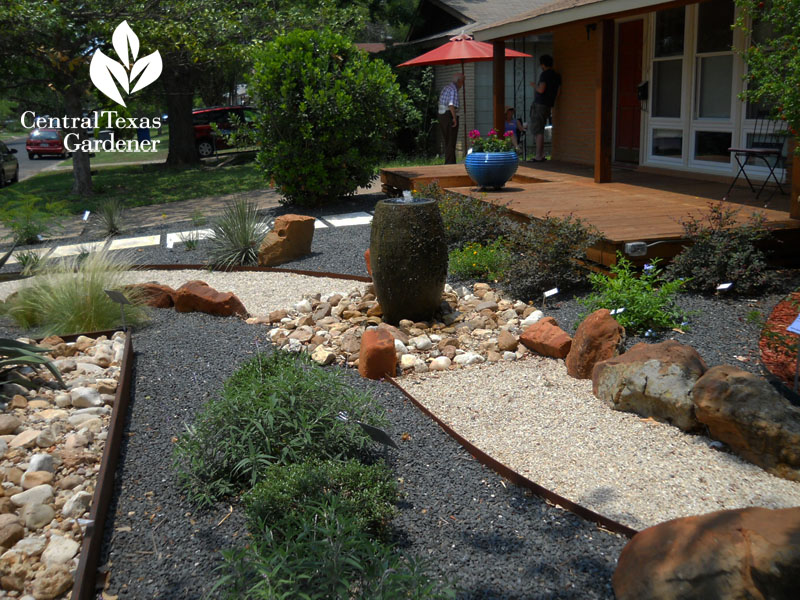 no lawn front yard with fountain Central Texas Gardener