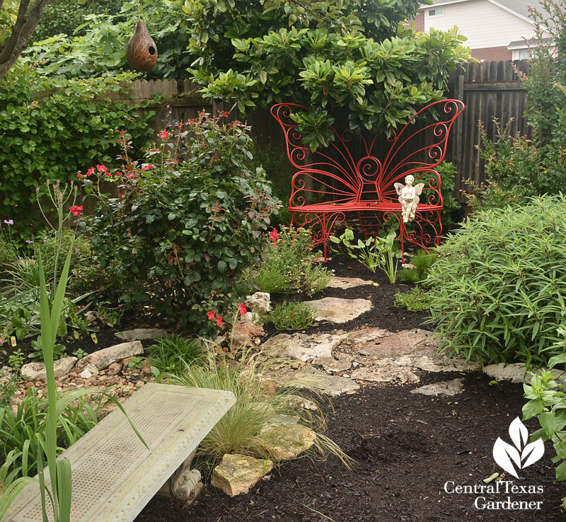 cute red bench patio niche Central Texas Gardener