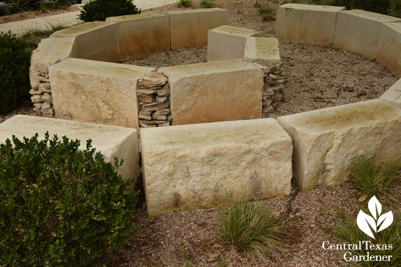 limestone spiral seating close Central Texas Gardener