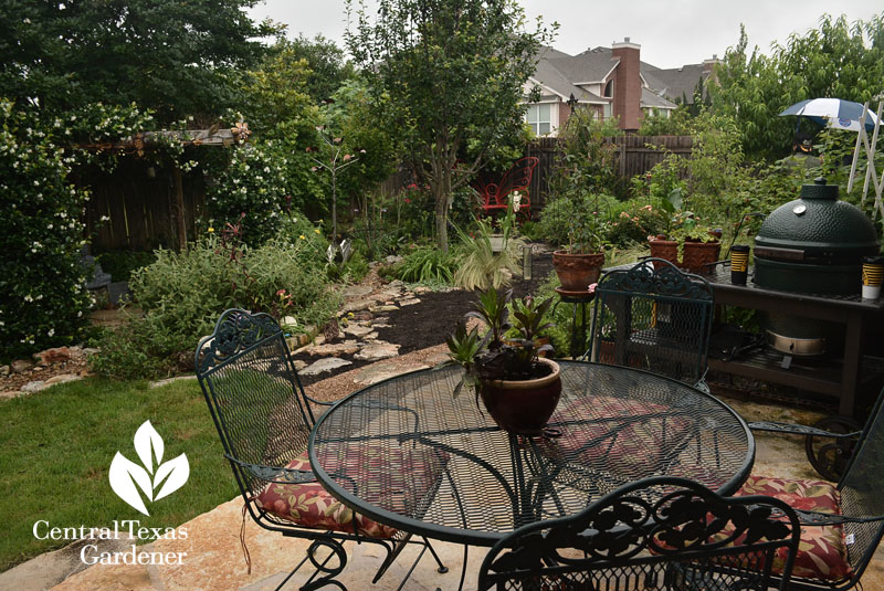 patio view to food and flower garden Central Texas Gardener