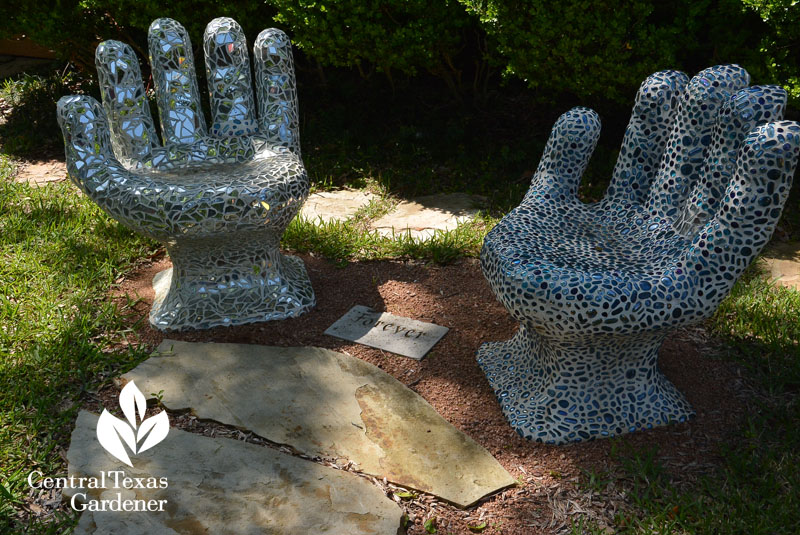 mirror mosaic concrete hands chairs Central Texas Gardener