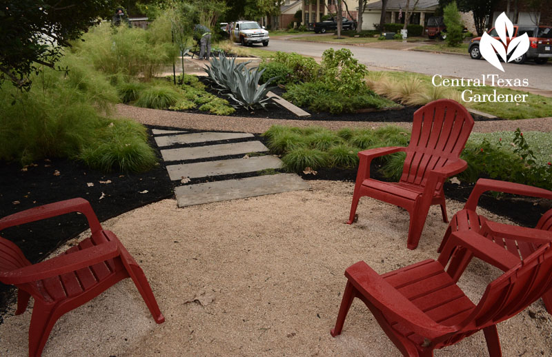 front yard patio in reduced lawn food and habitat garden Central Texas Gardener