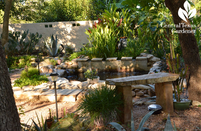 stone bench patio near backyard pond Central Texas Gardener