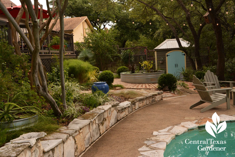 limestone raised beds stock tank pond Pam Penick Central Texas Gardener