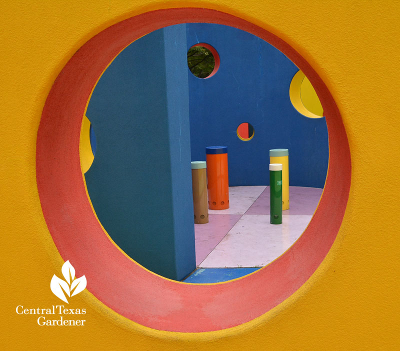 colorful bongos inside maze Dell Children's Central Texas Gardener