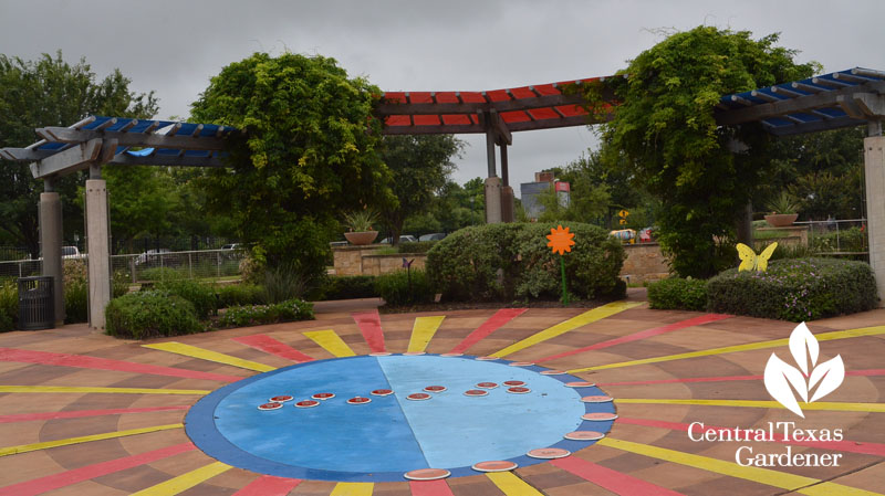 colorful sundial and evergreen wisteria arbor Dell Children's Central Texas Gardener