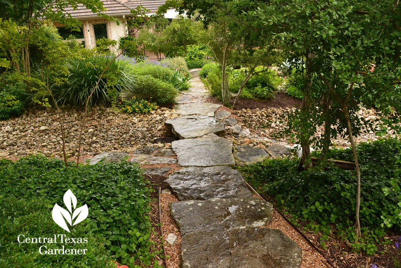 flagstone path over dry creek stone bridge Central Texas Gardener