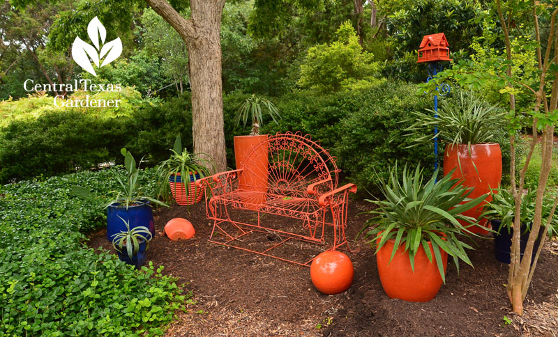 orange and blue bench containers shady garden theme garden art Central Texas Gardener
