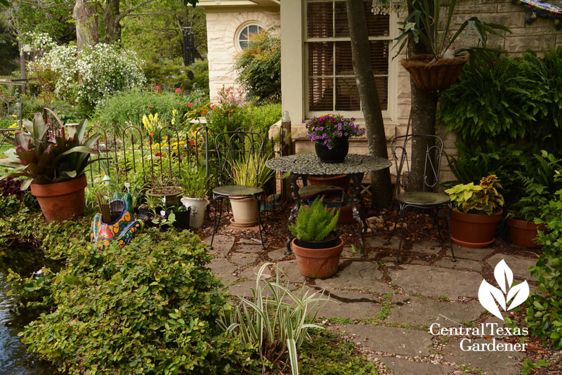 Patio cove near house and pond Ellison garden Central Texas Gardener