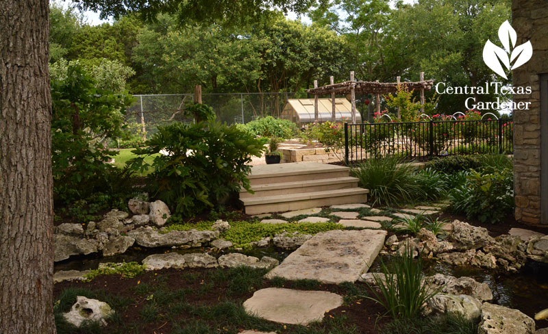 front yard flagstone path across small stream Central Texas Gardener