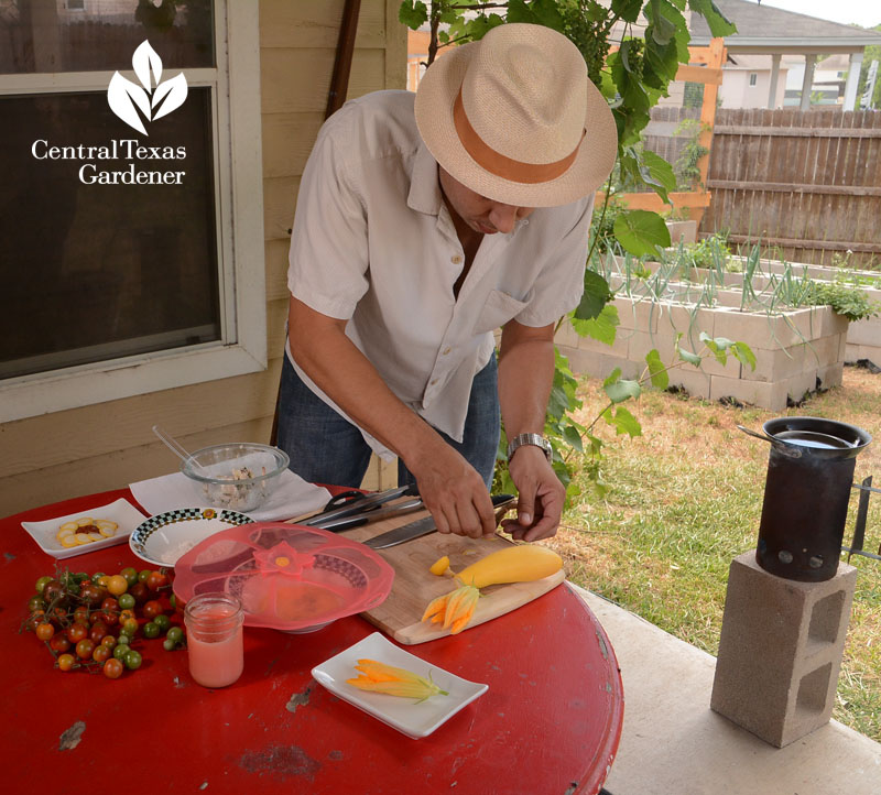 frying squash blossoms outside Richard Alcorta Central Texas Gardener