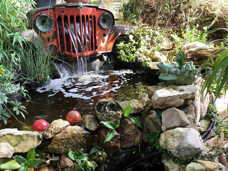 Austin Pond Society tour Bauer vehicle waterfall Central Texas Gardener