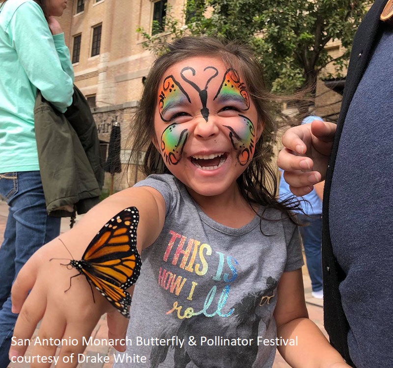 little girl with painted butterfly face and Monarch butterfly on her hand