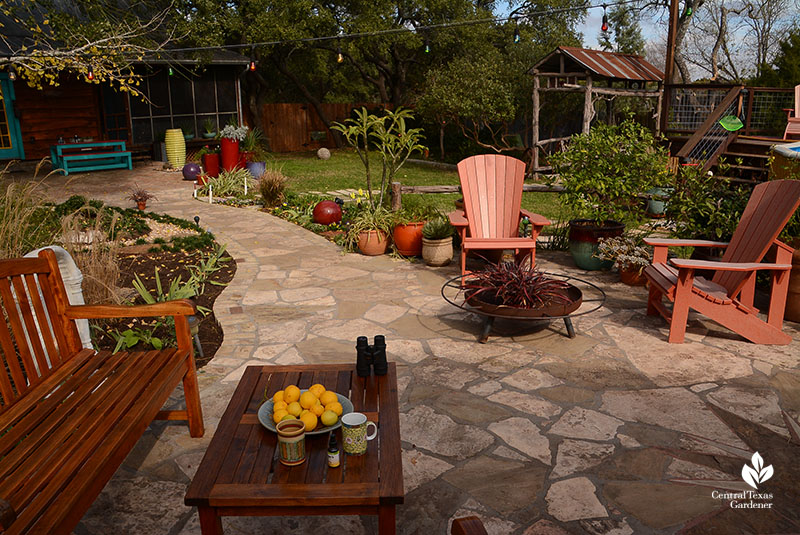 patio furniture fruit and coffee mugs on table plants in containers