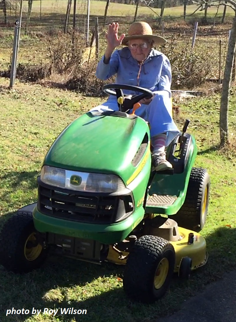 98 year old still riding John Deere tractor photo by Roy Wilson Central Texas Gardener