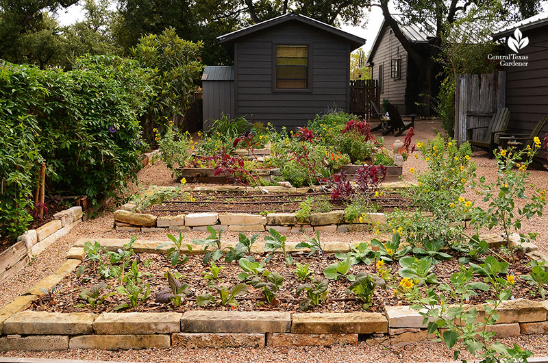 raised garden beds to small building in backyard