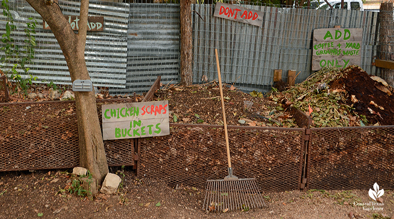 Compost piles permaculture design Cosmic Coffee + Beer Garden Central Texas Gardener