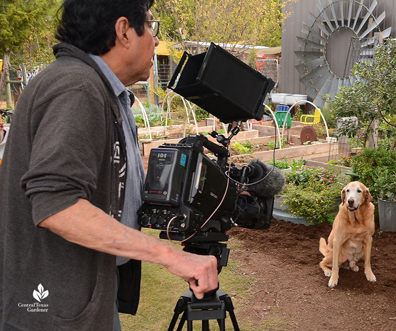 Ed Fuentes and dog Howdy Julie Nelson Key Angermann garden