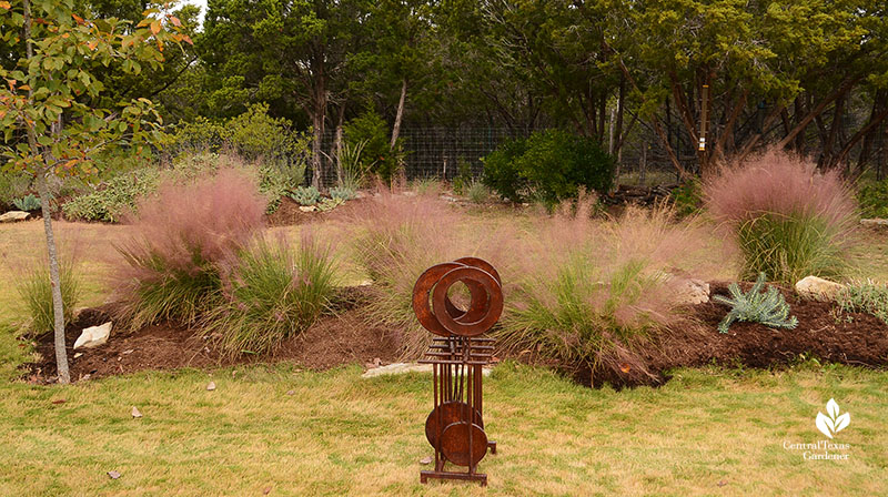 Gulf muhly berm with recycled find for garden art Julie Nelson Kay Angermann garden