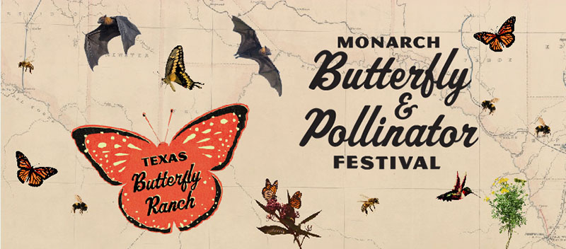 map with drawings of butterflies, bats, bees, hummingbird text: Texas Butterfly Ranch Monarch Butterfly & Pollinator Festival