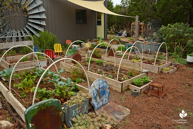 Raised vegetable beds recycled materials vintage garden art Julie Nelson Kay Angermann